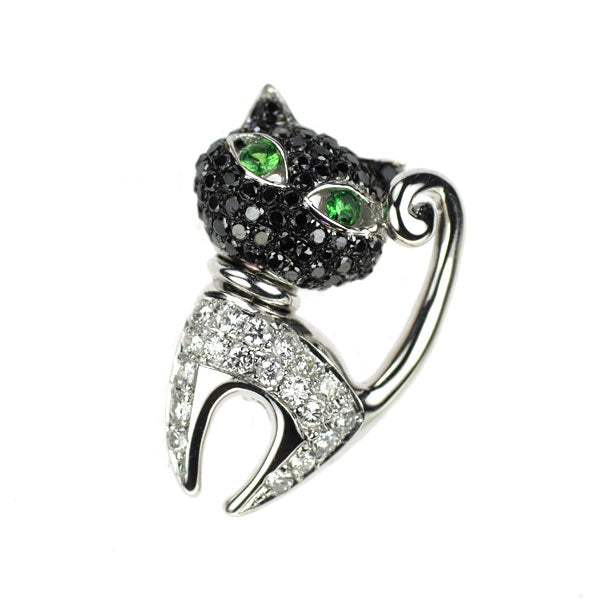 Black coating/K18WG Black/Colorless Diamond Green Garnet Pin Brooch Tuck Pin 0.33ct G0.06ct Cat Animal