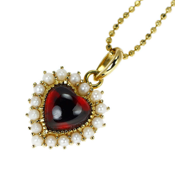 碌山/ロクザン K18YG カボションハートシェイプ ガーネット シードパール ペンダントネックレス 1.05ct