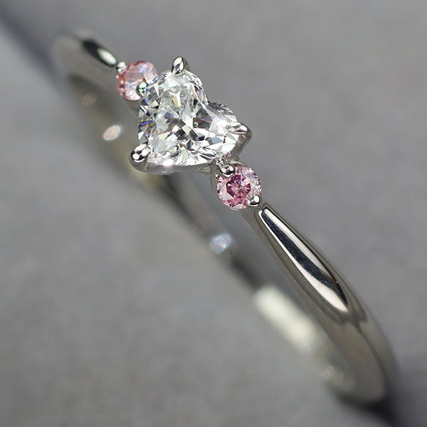希少 Pt900 ハートシェイプ カラーレスダイヤモンド/ 天然ピンクダイヤ リング 0.276ct E VVS2 G/G PD0.045ct