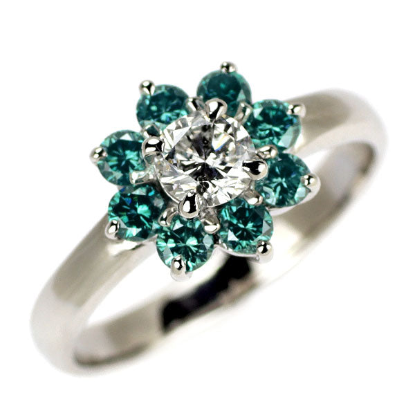 Pt900 カラーレス/トリートブルー ダイヤモンド リング 0.36ct TBD0.55ct フラワー