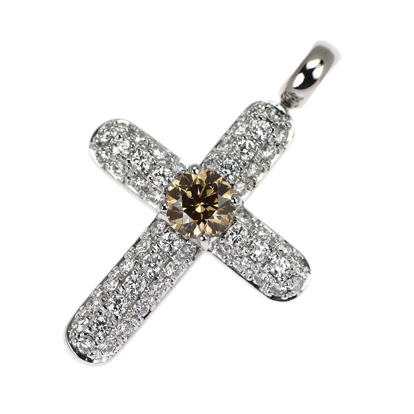 カシケイ/Kashikey K18WG ブラウン/カラーレス ダイヤモンド ペンダントトップ 0.40ct D0.55ct クロス パヴェ
