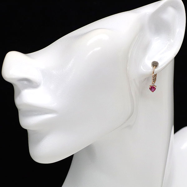 New K18PG Heart Shape Ruby Diamond Earrings 0.58ct D0.08ct