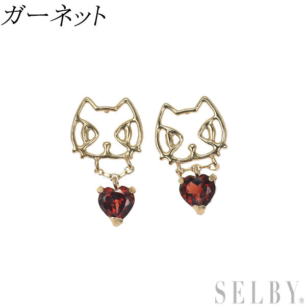 新品 K10YG ハートシェイプ ガーネット ピアス 【エスコレ】猫 ネコ アニマル