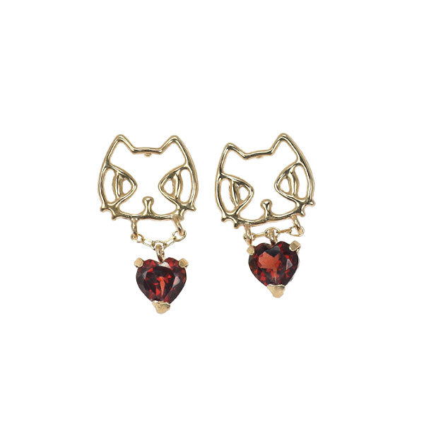 新品 K10YG ハートシェイプ ガーネット ピアス 【エスコレ】猫 ネコ アニマル
