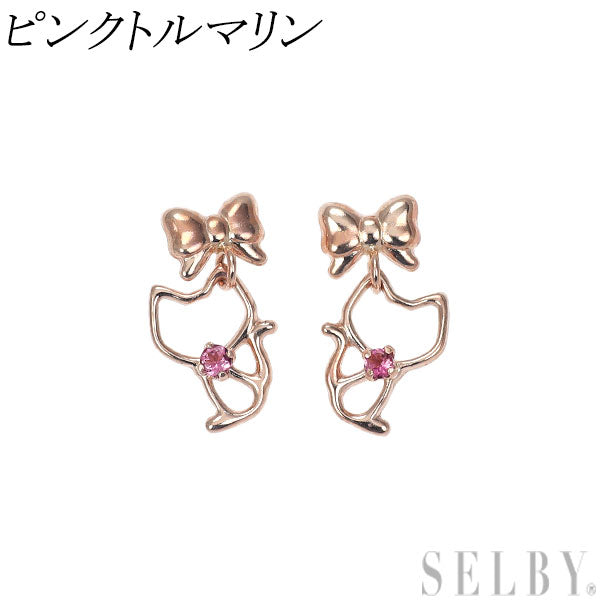 新品 K10PG ピンク トルマリン ピアス 【エスコレ】リボン 猫 ネコ アニマル
