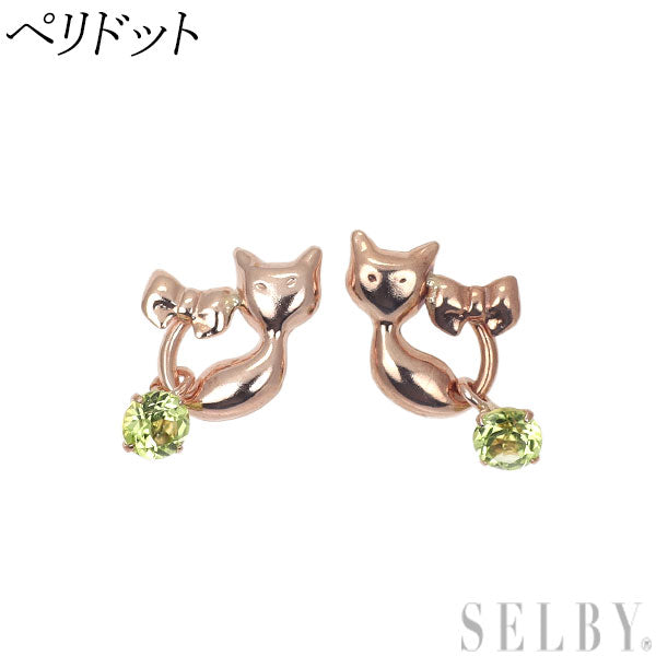 新品 K10PG ペリドット ピアス【エスコレ】リボン 猫 ネコ アニマル