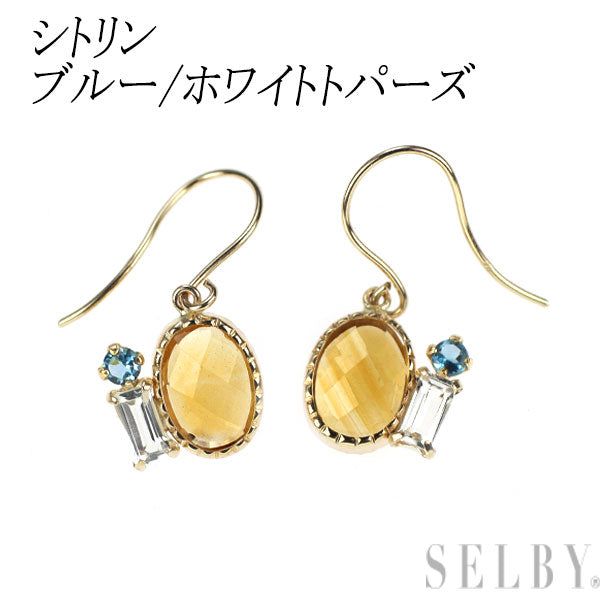 新品 K10YG チェッカーカット シトリン ブルー/ホワイトトパーズ ピアス 【エスコレ】