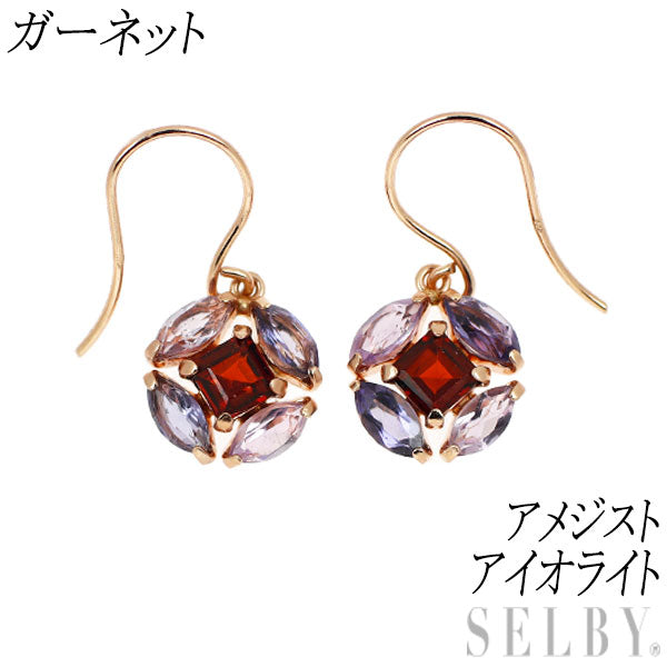 新品 K10PG ガーネット アメジスト アイオライト ピアス 【エスコレ】