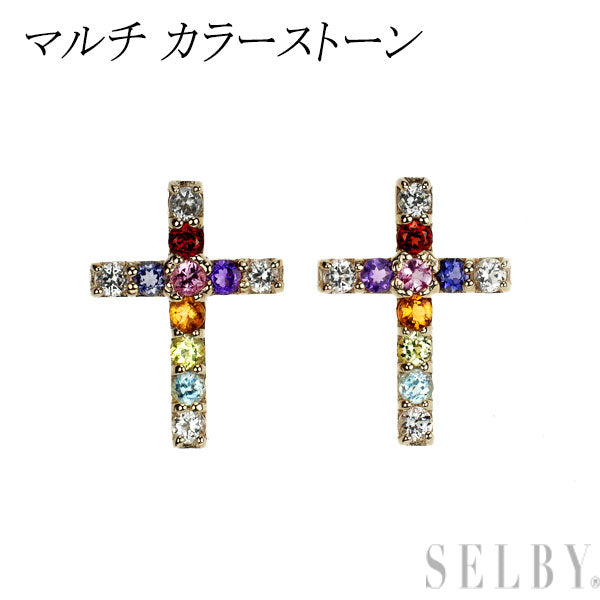 新品 K10YG マルチ カラーストーン ピアス 【エスコレ】 クロス