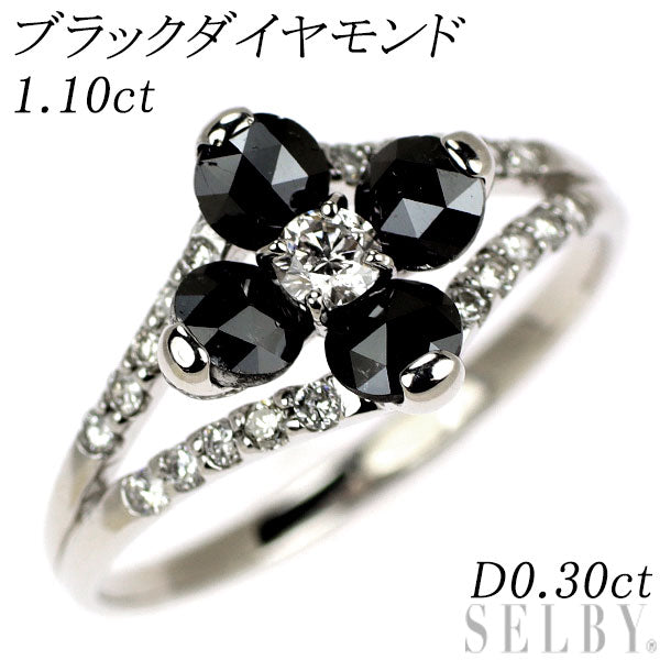 K18WG ローズカット ブラックダイヤモンド リング 1.10ct D0.30ct フラワー