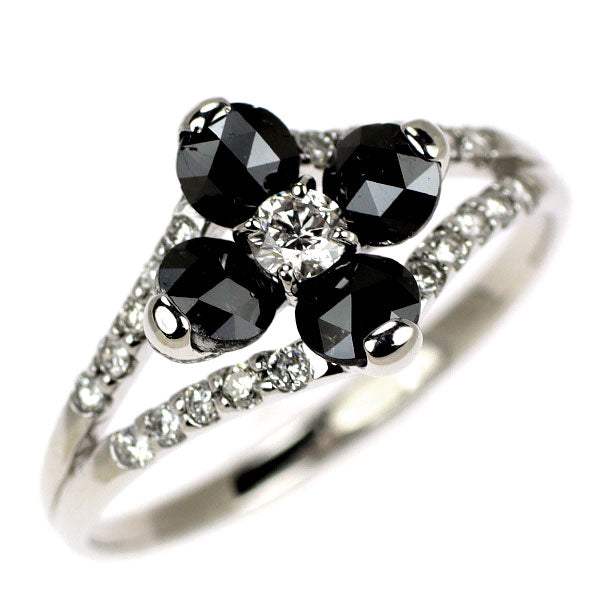 K18WG ローズカット ブラックダイヤモンド リング 1.10ct D0.30ct フラワー