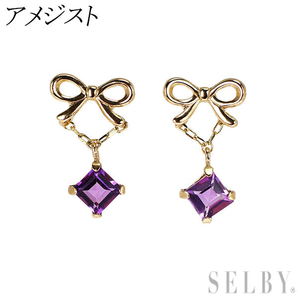 新品 K10YG アメジスト ピアス リボン【エスコレ】