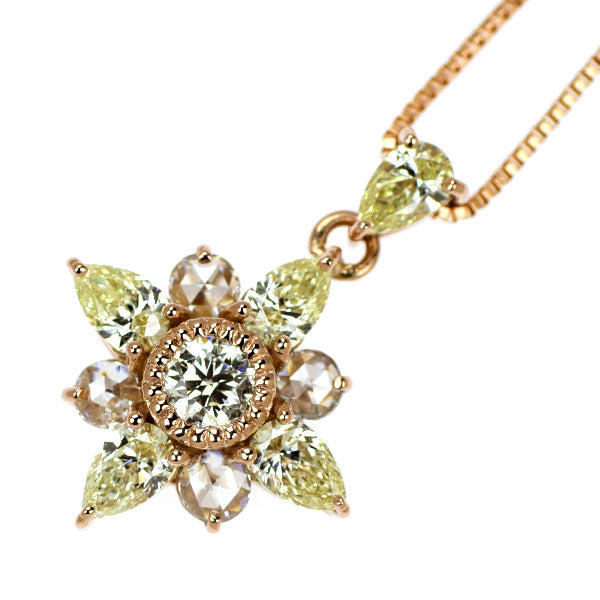 K18PG Rose cut/pear shape cut diamond pendant necklace 0.212ct D1.034ct Flower