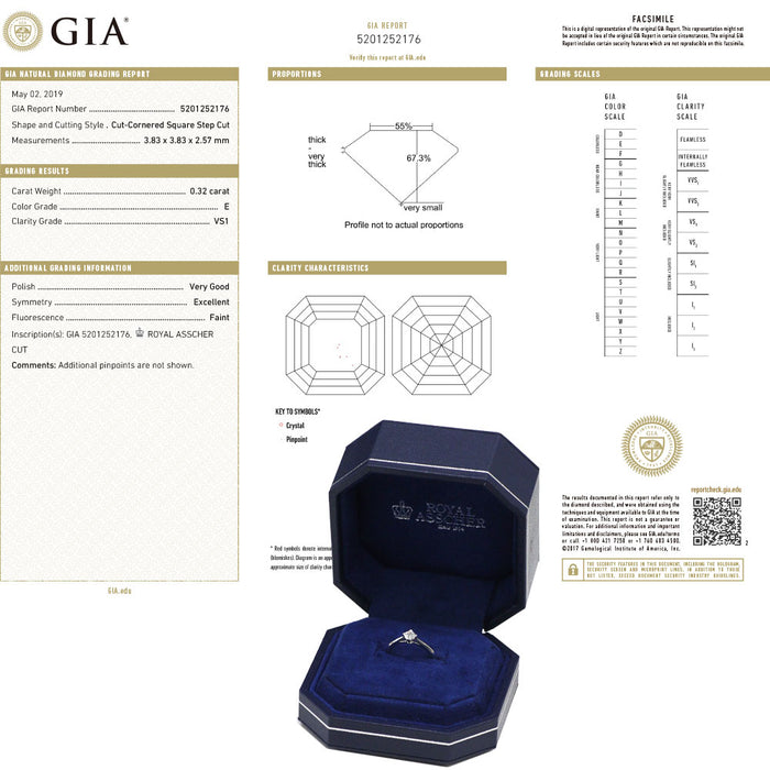 Royal Asscher Pt950 Asscher Cut Diamond Ring 0.32ct E VS1 VG/EX Signature Cut Collection