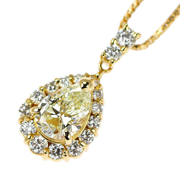 K18YG Pear Shape Diamond Pendant Necklace 0.585ct D0.24ct
