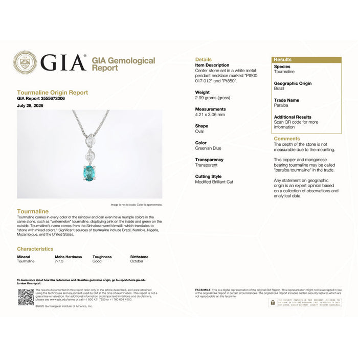 Pt900/ Pt850 ブラジル産 パライバ トルマリン ダイヤモンド ペンダントネックレス 0.17ct D0.12ct