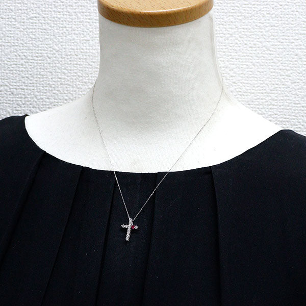K18WG ハートシェイプ ルビー ダイヤモンド ペンダントネックレス 0.06ct D0.50ct クロス