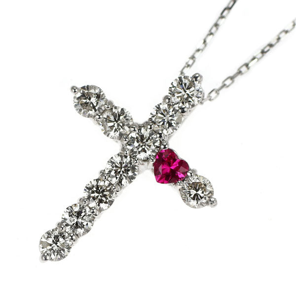 K18WG ハートシェイプ ルビー ダイヤモンド ペンダントネックレス 0.06ct D0.50ct クロス