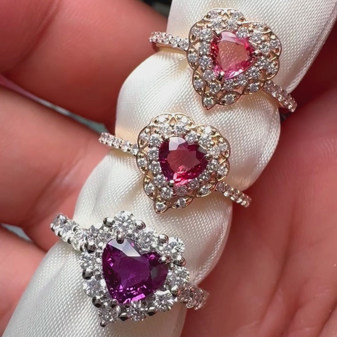 新品 K18PG ハートシェイプ パパラチアサファイア ダイヤモンド リング