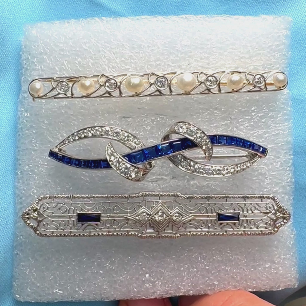 Pt/K14WG サファイア ダイヤモンド ブローチ アールデコ期