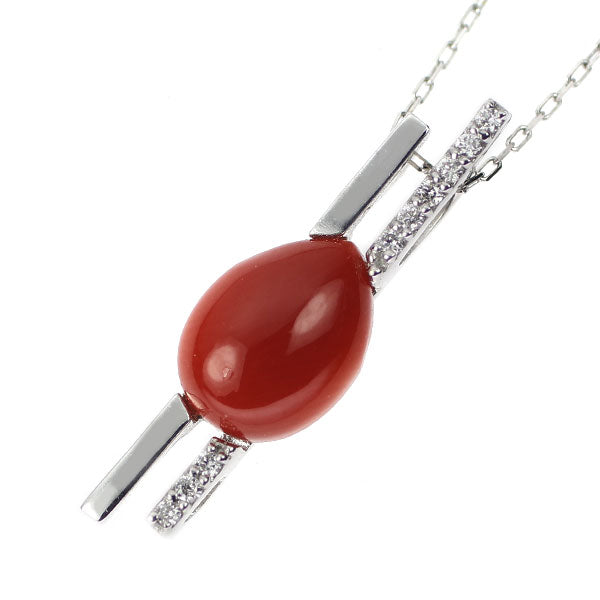 New K18WG Pear Shape Cabochon Blood Red Coral Diamond Pendant Necklace D0.03ct 